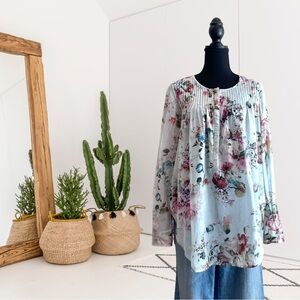 3J Workshop Johnny Was Long Sleeve Floral Pleated 1/2 Button Front Top